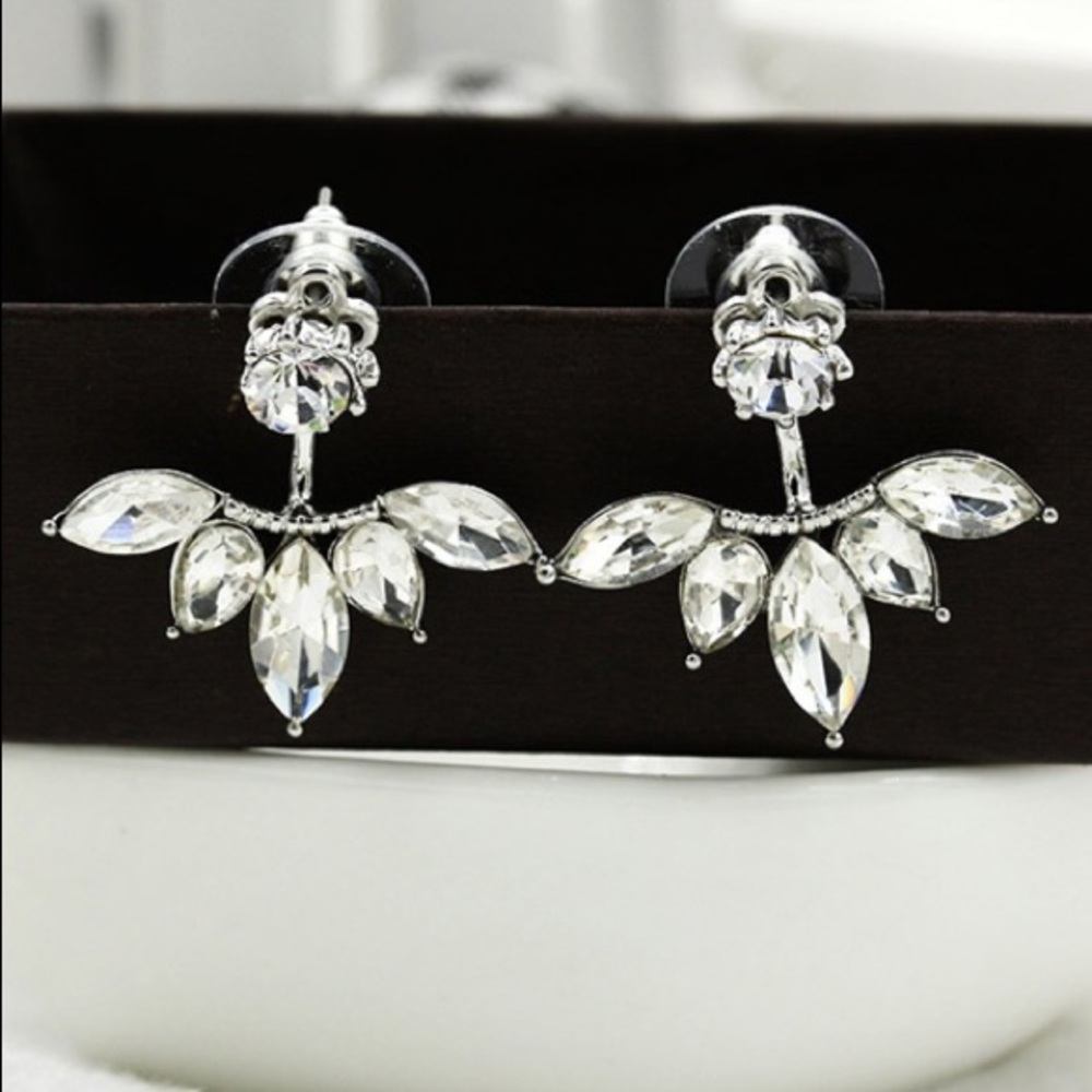 5/$25 Silver Crystal Flower Jacket Stud Earrings - Picture 3 of 4